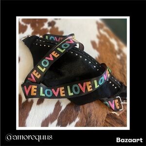 Black Crossbody Bag, with multi color “Love” Strap.